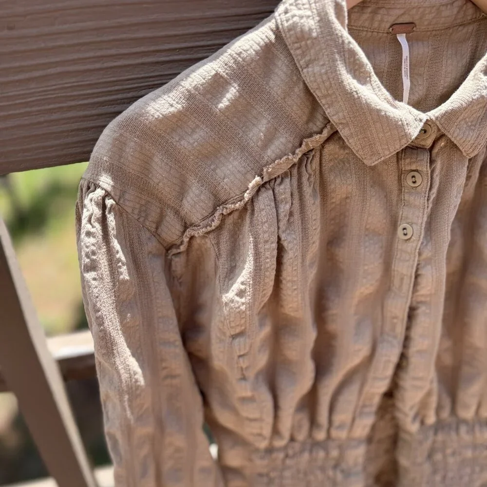 Free People Tammy Textured, Ruched Khaki Button Down
